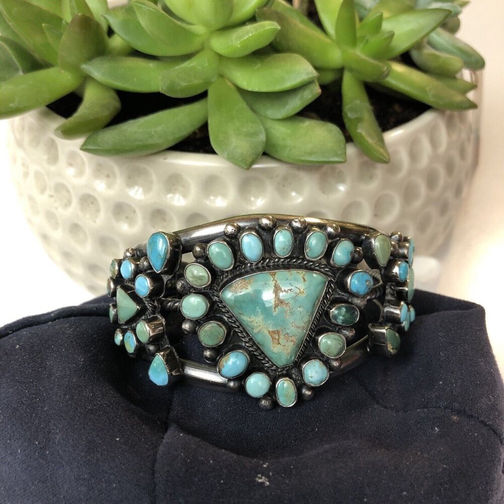 Navajo Indian 70 grams Sterling Silver Turquoise Cluster Bracelet Signed
